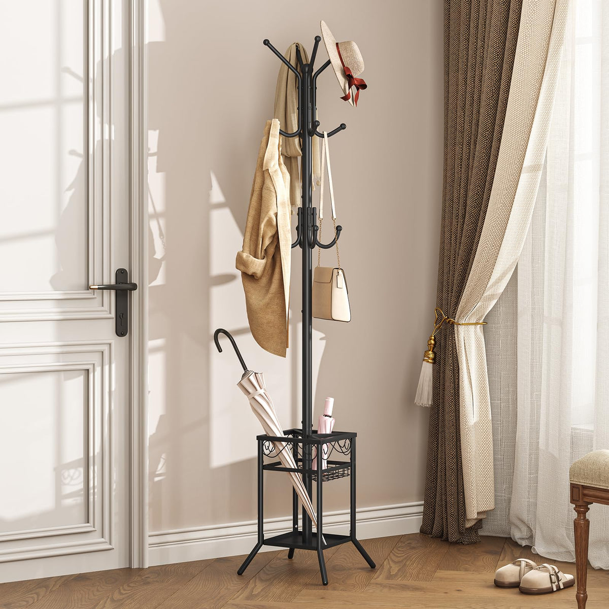 Metal Coat Stand with Umbrella Holder, 12 Hooks, 71.9 Inch, Black