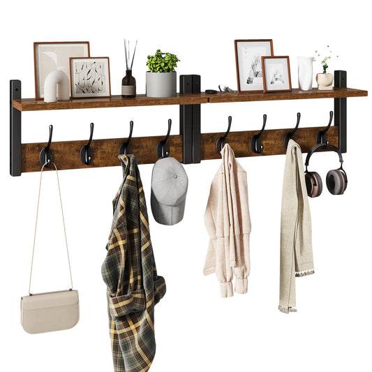 Wall Mounted Coat Rack with Shelf, 2 Pack, 8 Hooks Each, Rustic Brown