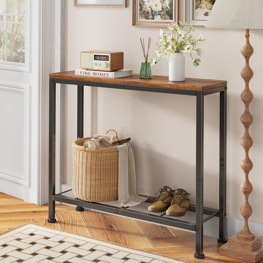 32 Inch Console Table with Mesh Storage Shelf, Brown Wood Top