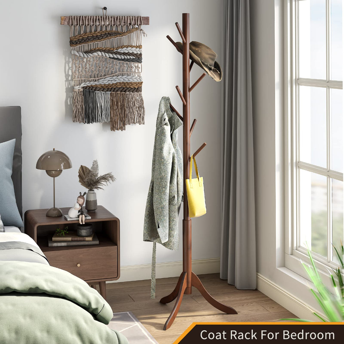 Bamboo Coat Rack Stand with 8 Hooks, 3 Height Options, Brown