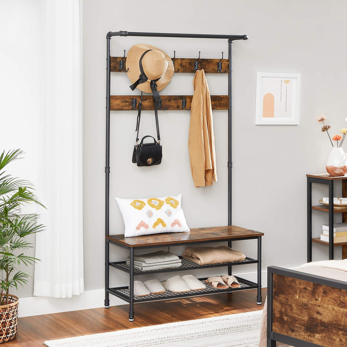 Industrial Hall Tree with Bench, 9 Hooks and Hanging Rail, Rustic Brown