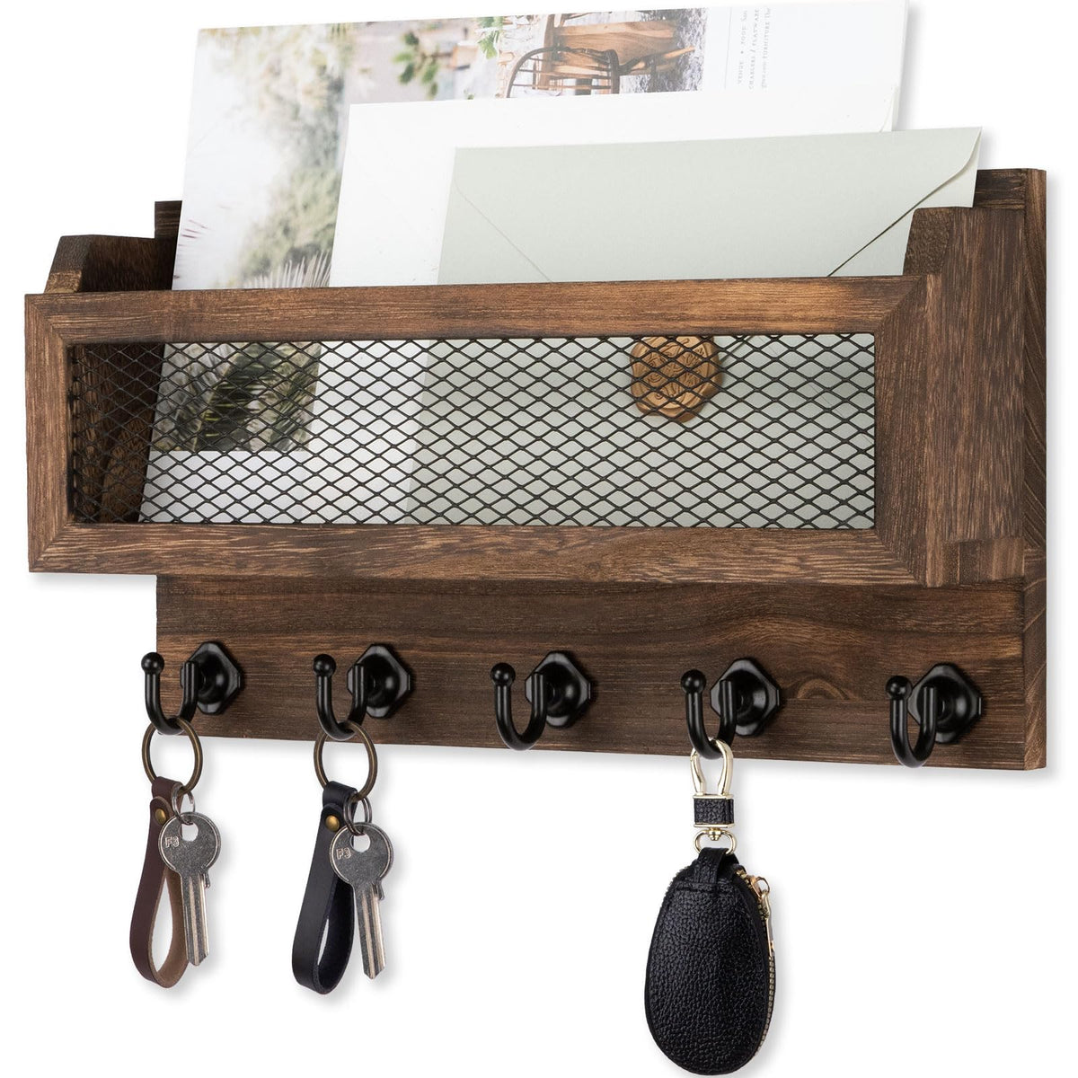 11 Inch Decorative Mail and Key Holder for Wall, Entryway Mail Organizer, Brown