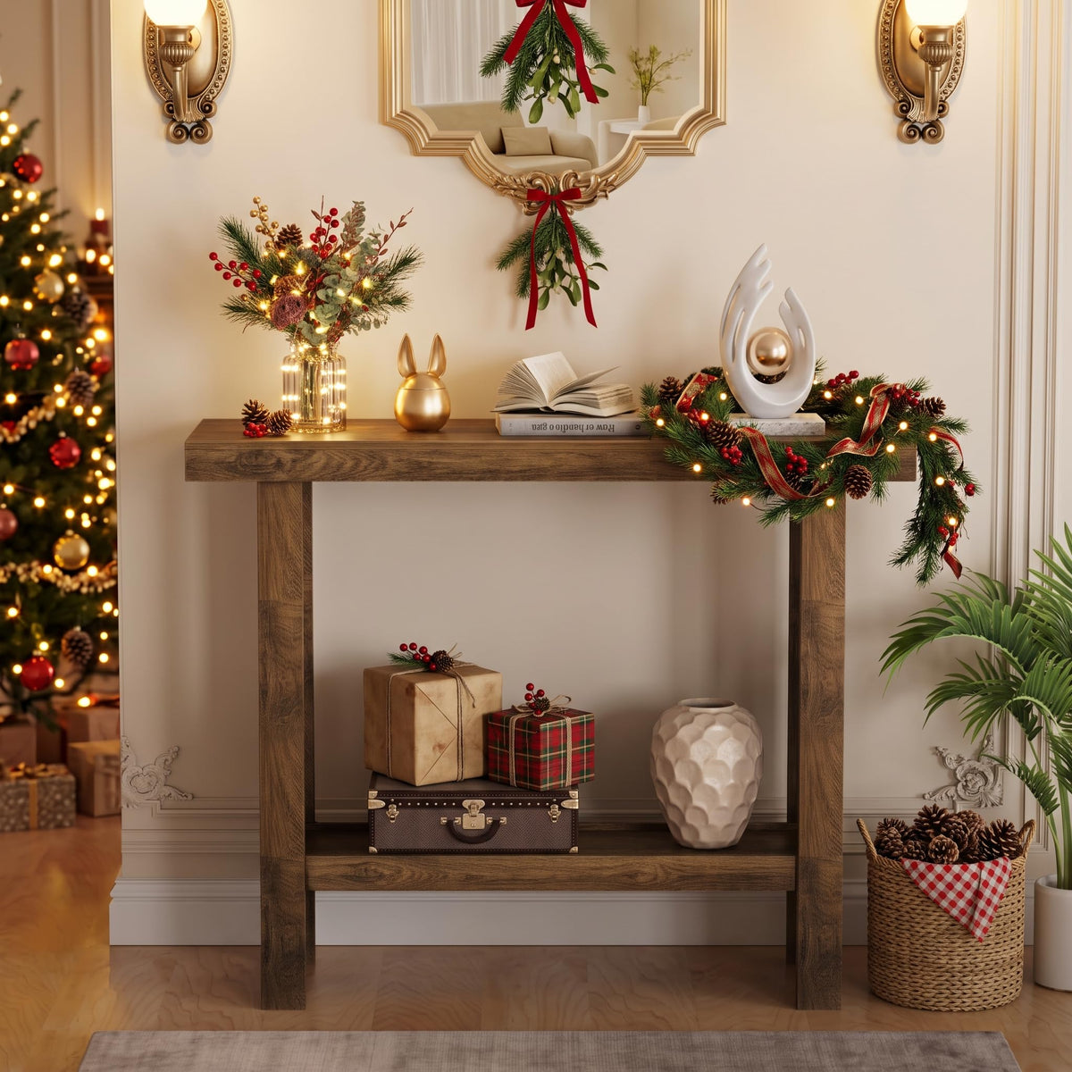 Farmhouse Narrow Console Table, 39.3 Inch, Brown Wood
