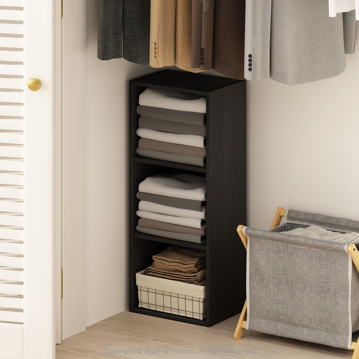 3 Tier Open Closet Shelf, 12 Inch Wide, Blackwood Finish