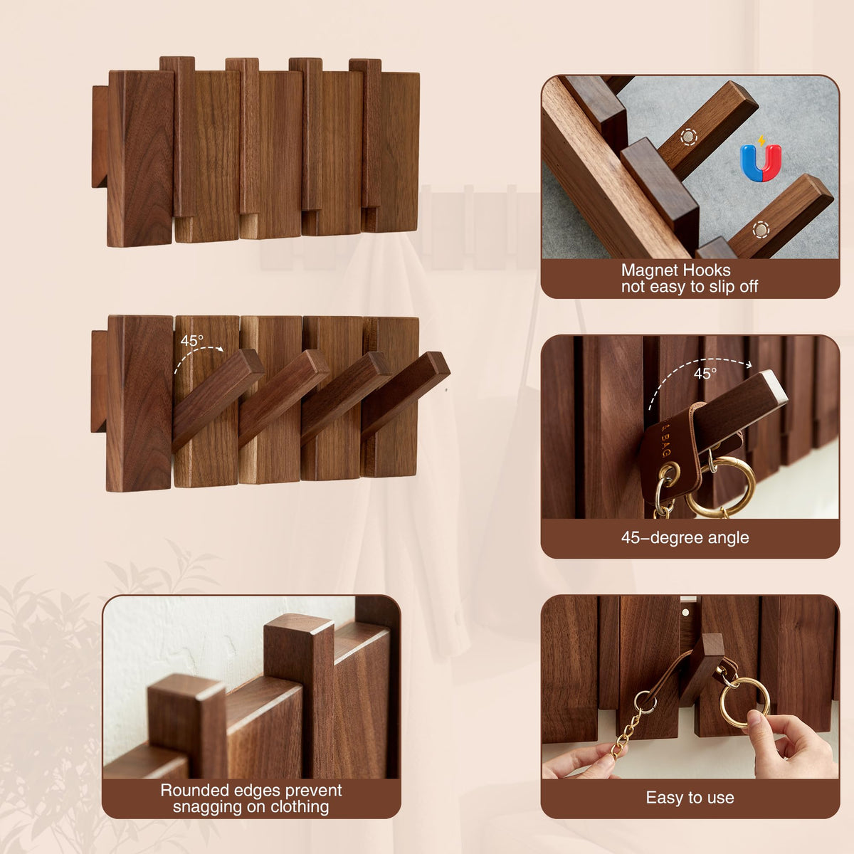 Walnut Wall Hooks, 4 Flip-Down Piano Key Style Hanger