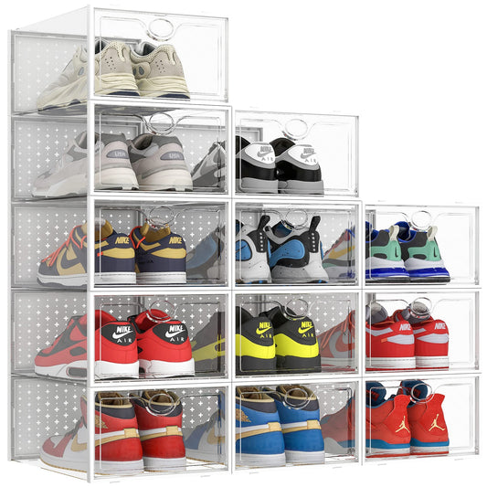 XXL Clear Shoe Boxes, 12 Pack, Stackable, Fits Size 14