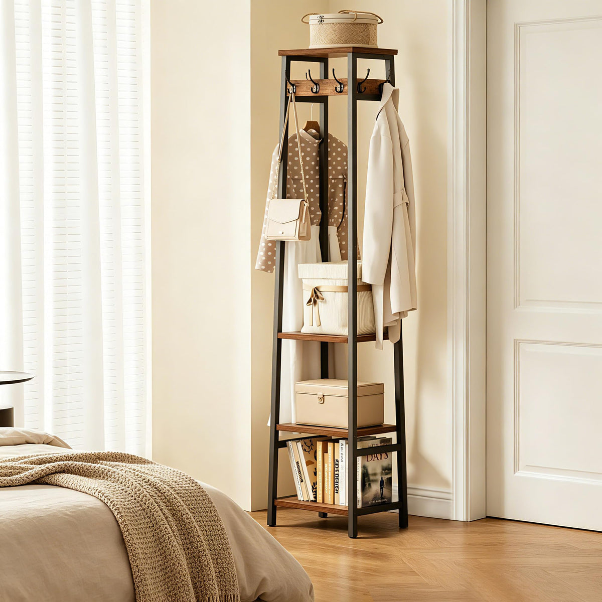 Freestanding Coat Rack with 3 Shelves and 7 Hooks, Rustic Brown