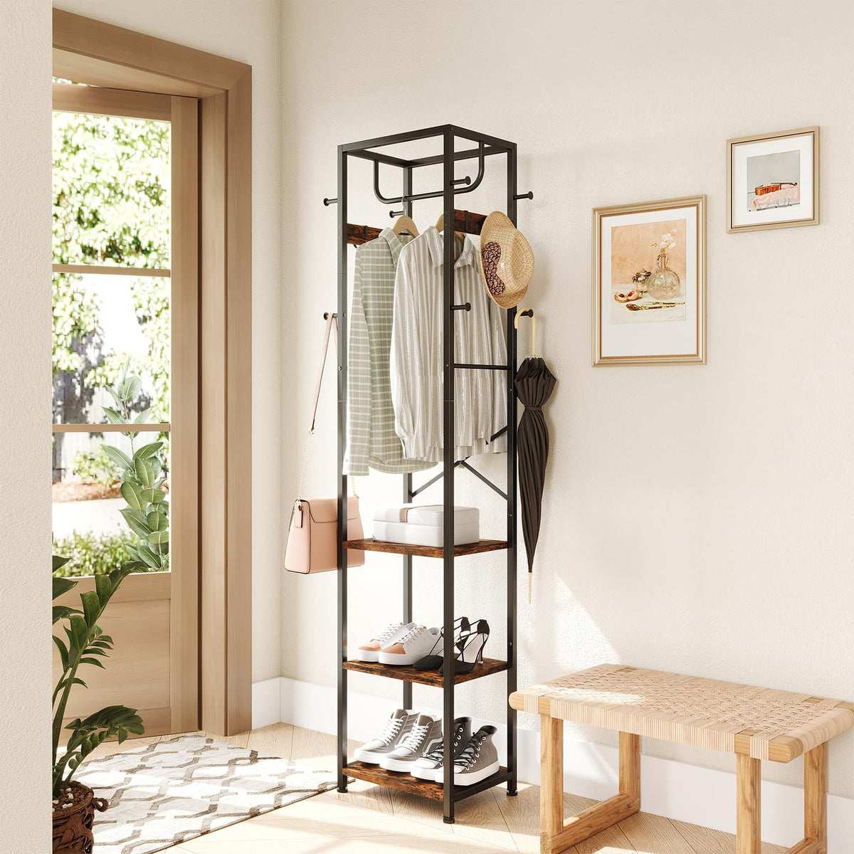 Rustic Brown Hall Tree Coat Rack, 3 Shelves, 12 Hooks, 70.9 Inch