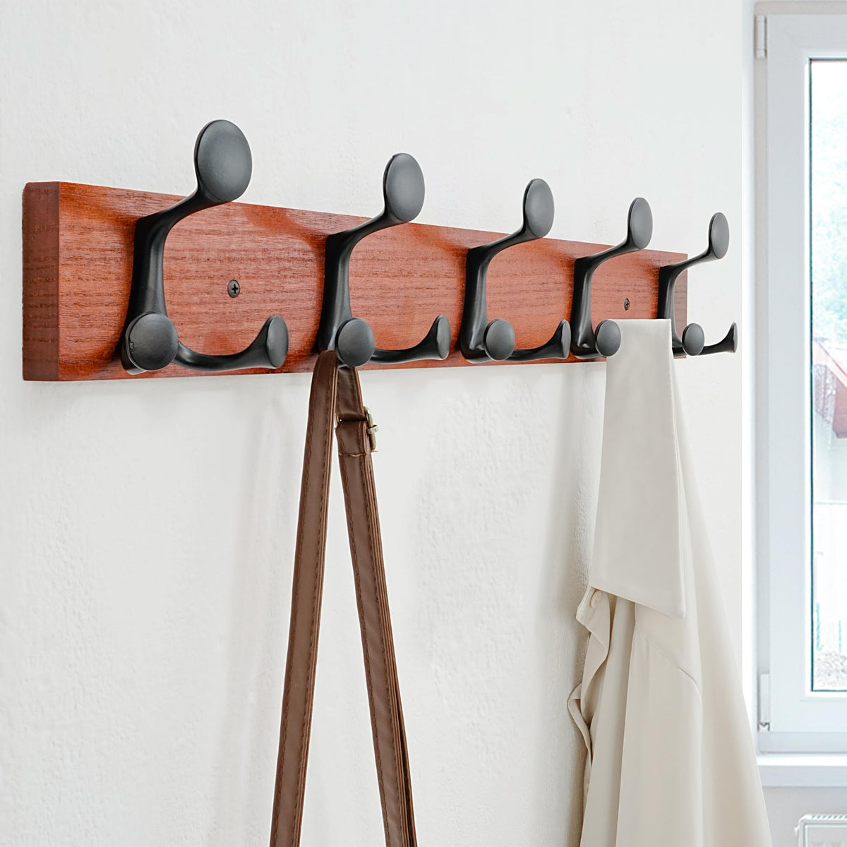 24 Inch Cherry Coat Rack with 5 Triple Hooks, Wall Mount
