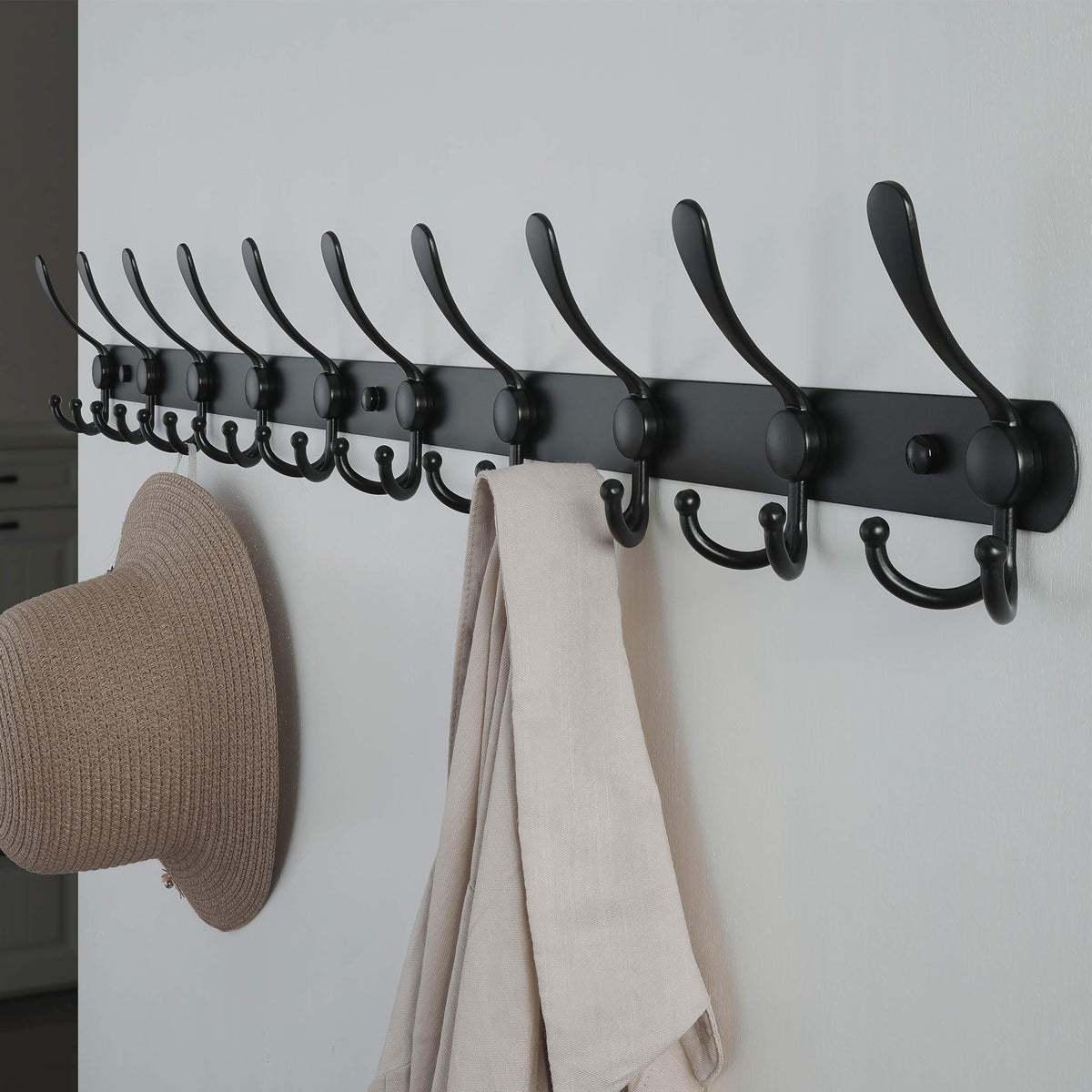 Long Black Coat Rack Rail, 38 Inch, 10 Triple Hooks for Wall