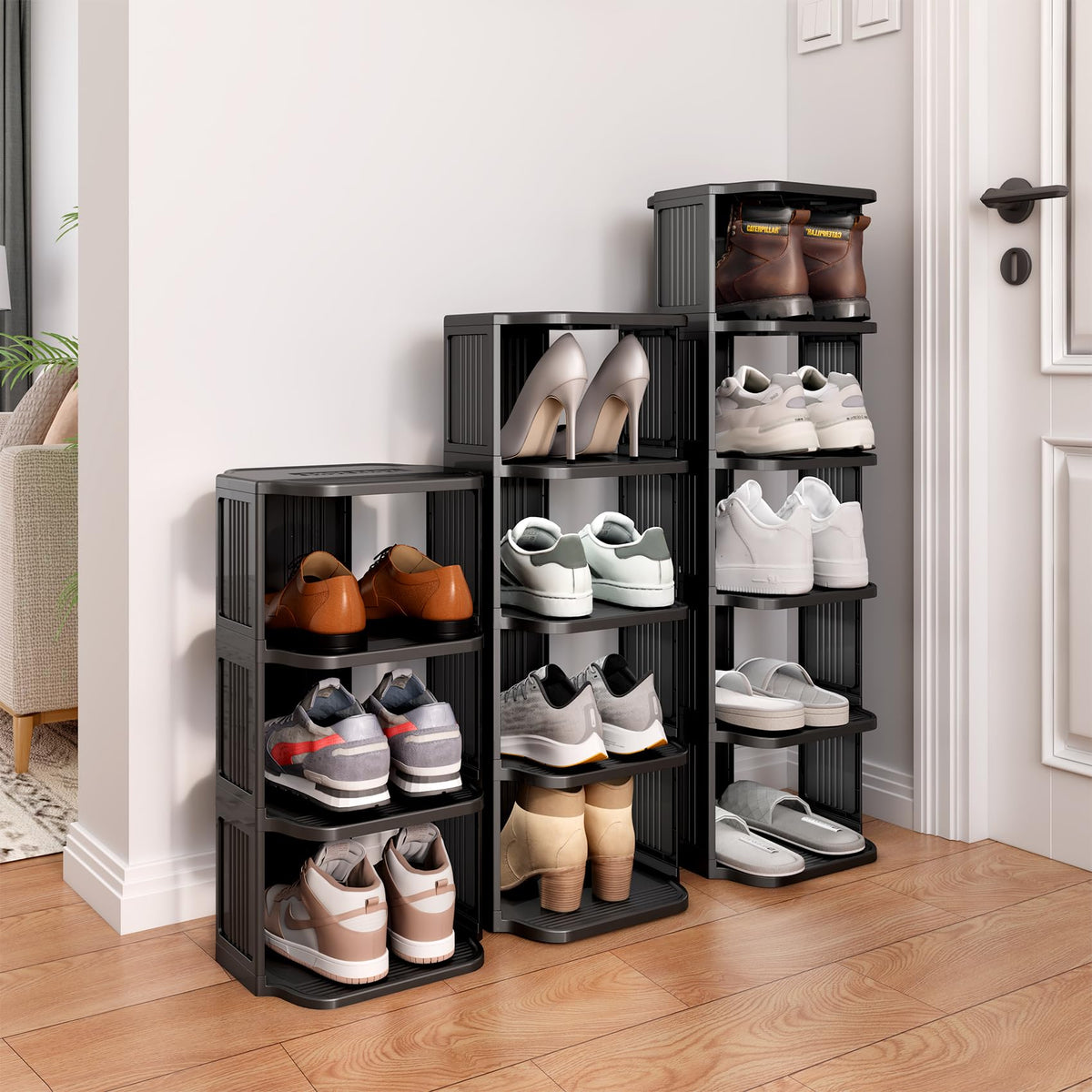 5 Tier Narrow Shoe Rack, Black Stackable Plastic Tower for Closets