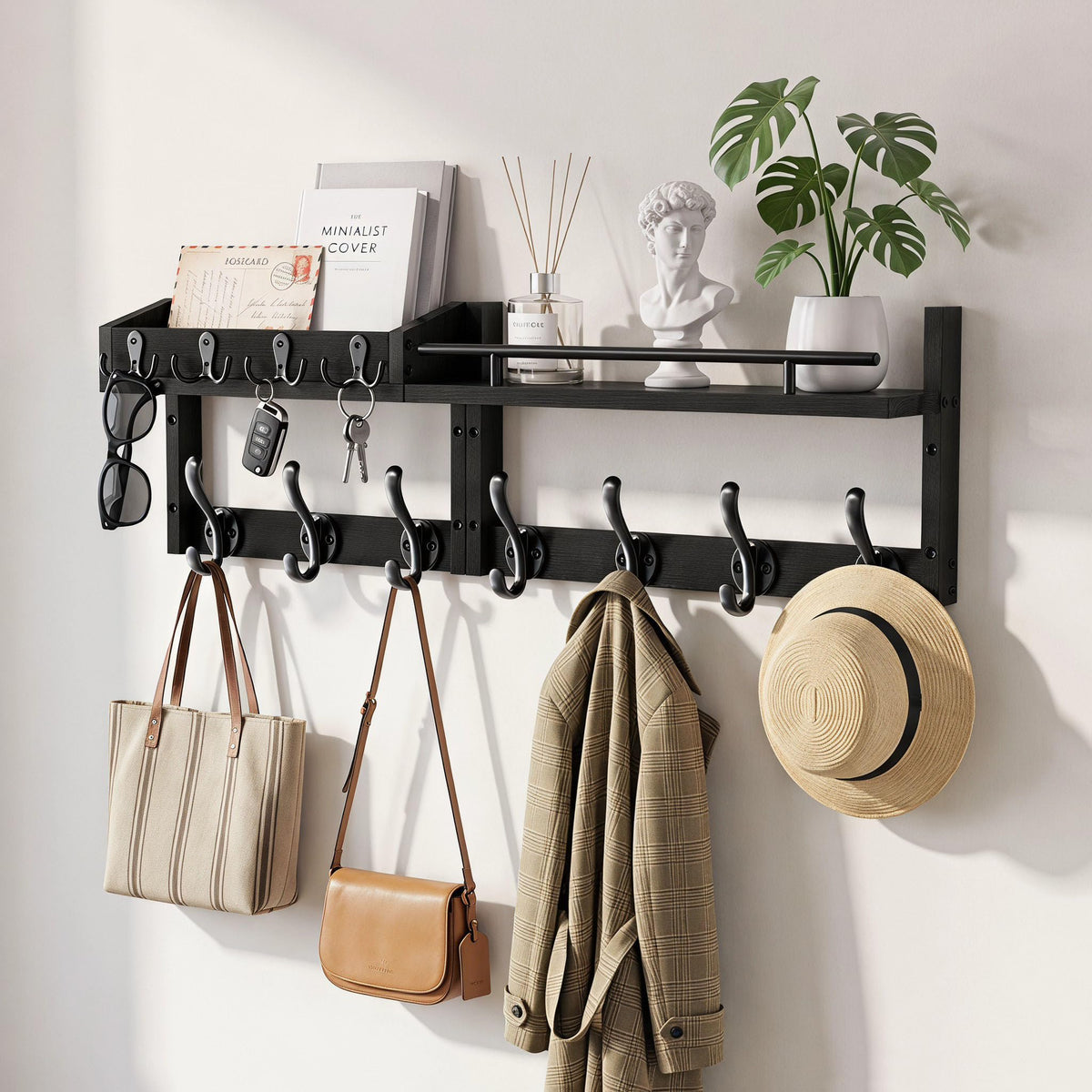 Wall Coat Rack with Shelf, 29 Inch, 7 Coat Hooks and 4 Key Hooks, Black