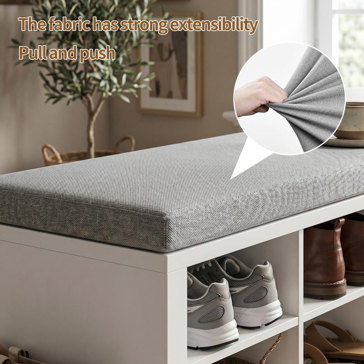 Shoe Storage Bench with 16 Cubbies and Cushion, White and Gray