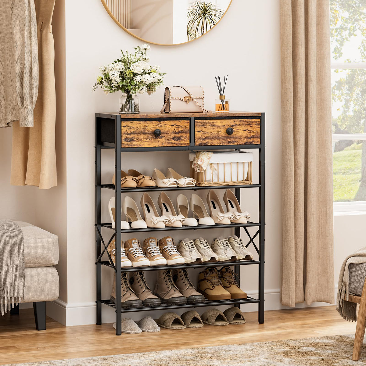5 Tier Shoe Rack with 2 Storage Drawers and Wood Top, Rustic Brown