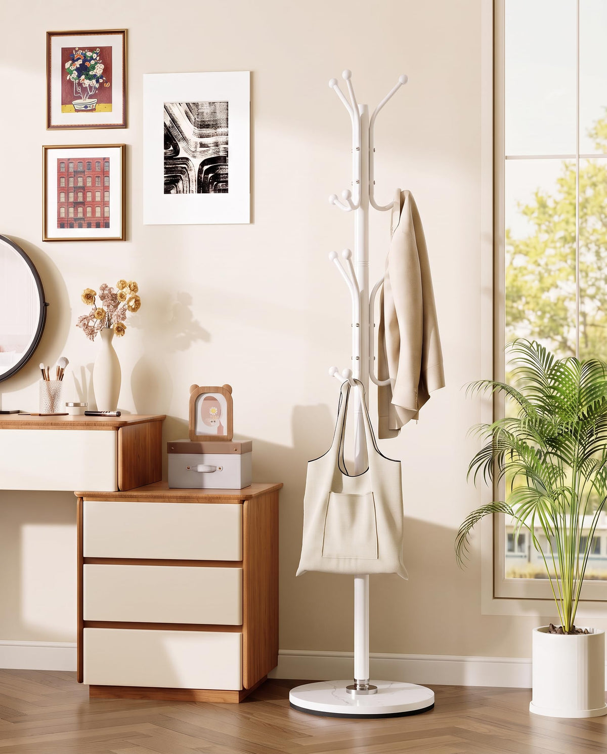 White Coat Stand with Stone Base and 12 Ball End Hooks, 68.1 Inch