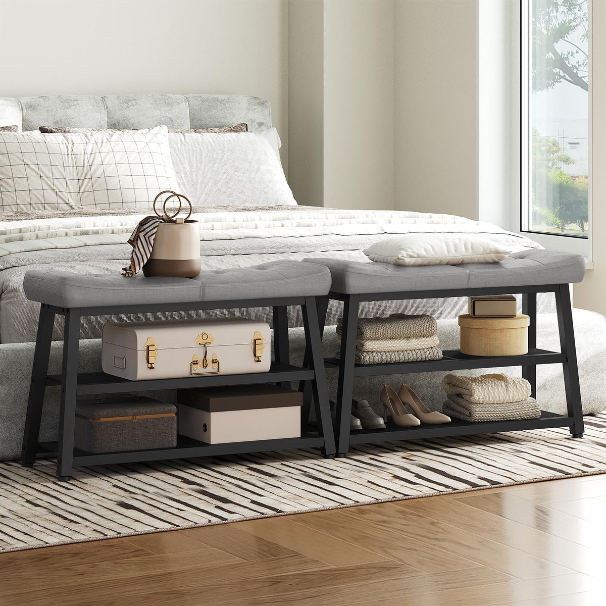 Upholstered Shoe Bench, 3 Tier, 29.5 Inch, Gray and Black Metal