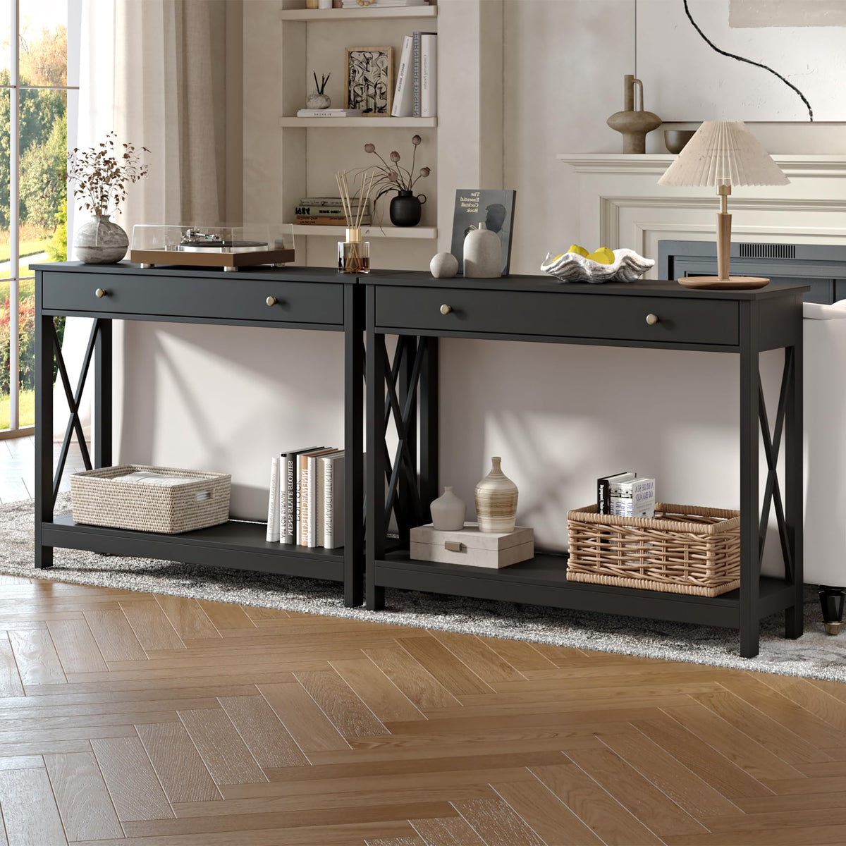 Black Narrow Console Table with Drawer and Bottom Shelf, 40 Inch