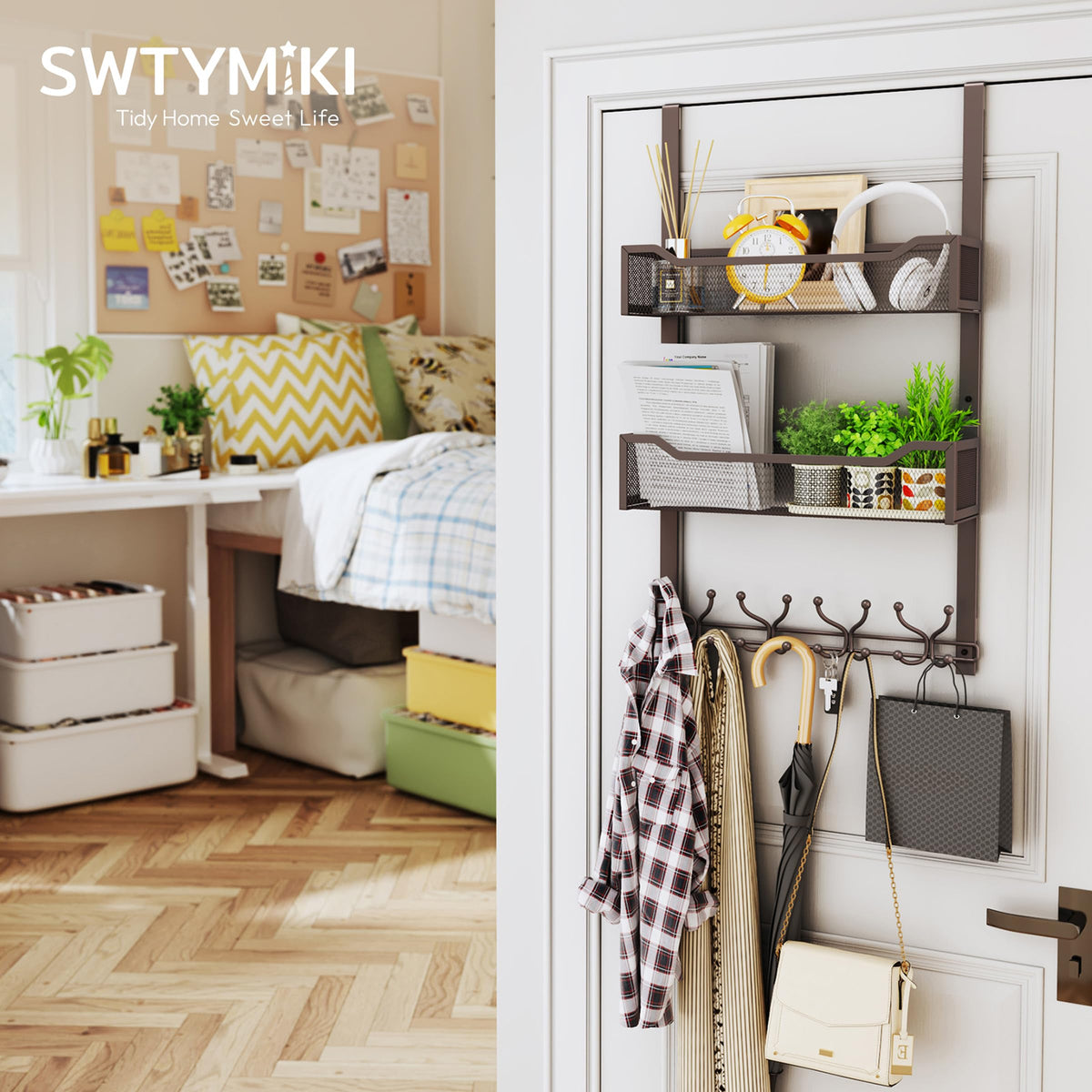Bronze Door Hanger Organizer with 16 Hooks and 2 Baskets