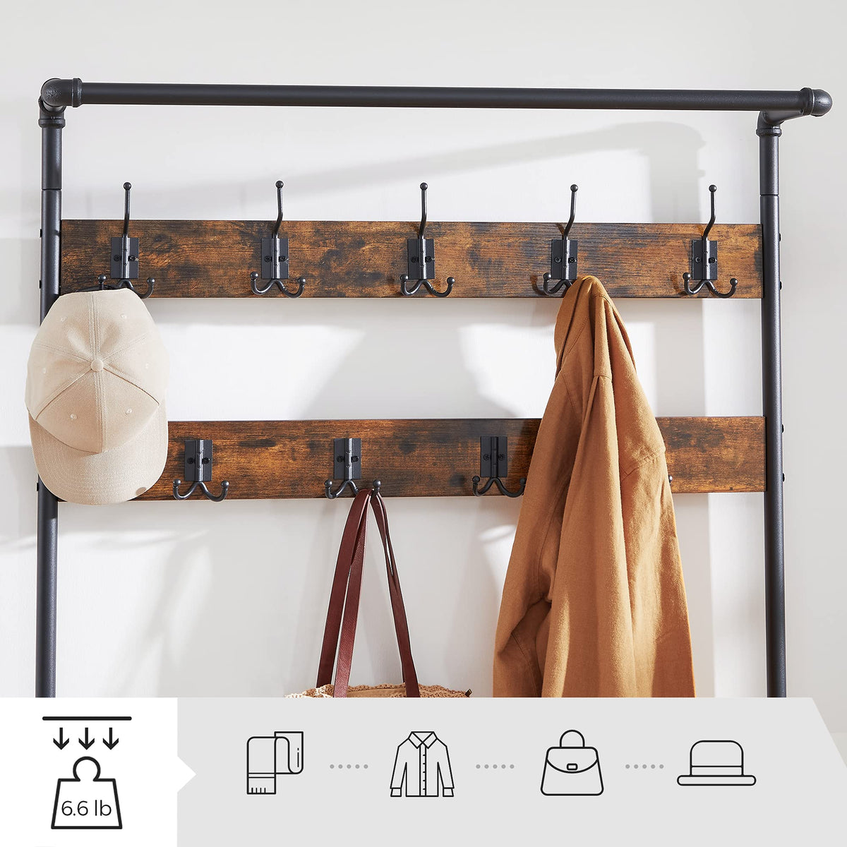Industrial Hall Tree with Bench, 9 Hooks and Hanging Rail, Rustic Brown