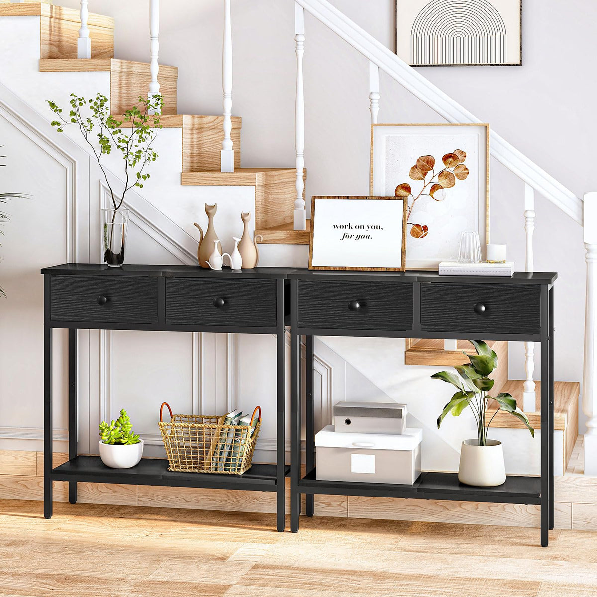 Black Entryway Table with 2 Fabric Drawers, 29.5 Inch Slim Design