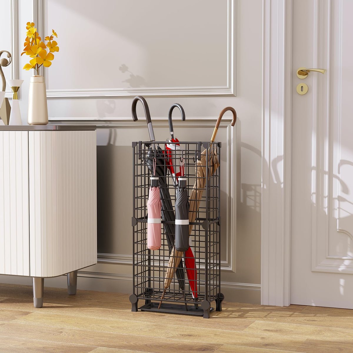 Black Metal Umbrella Stand with Drip Tray and Side Hooks