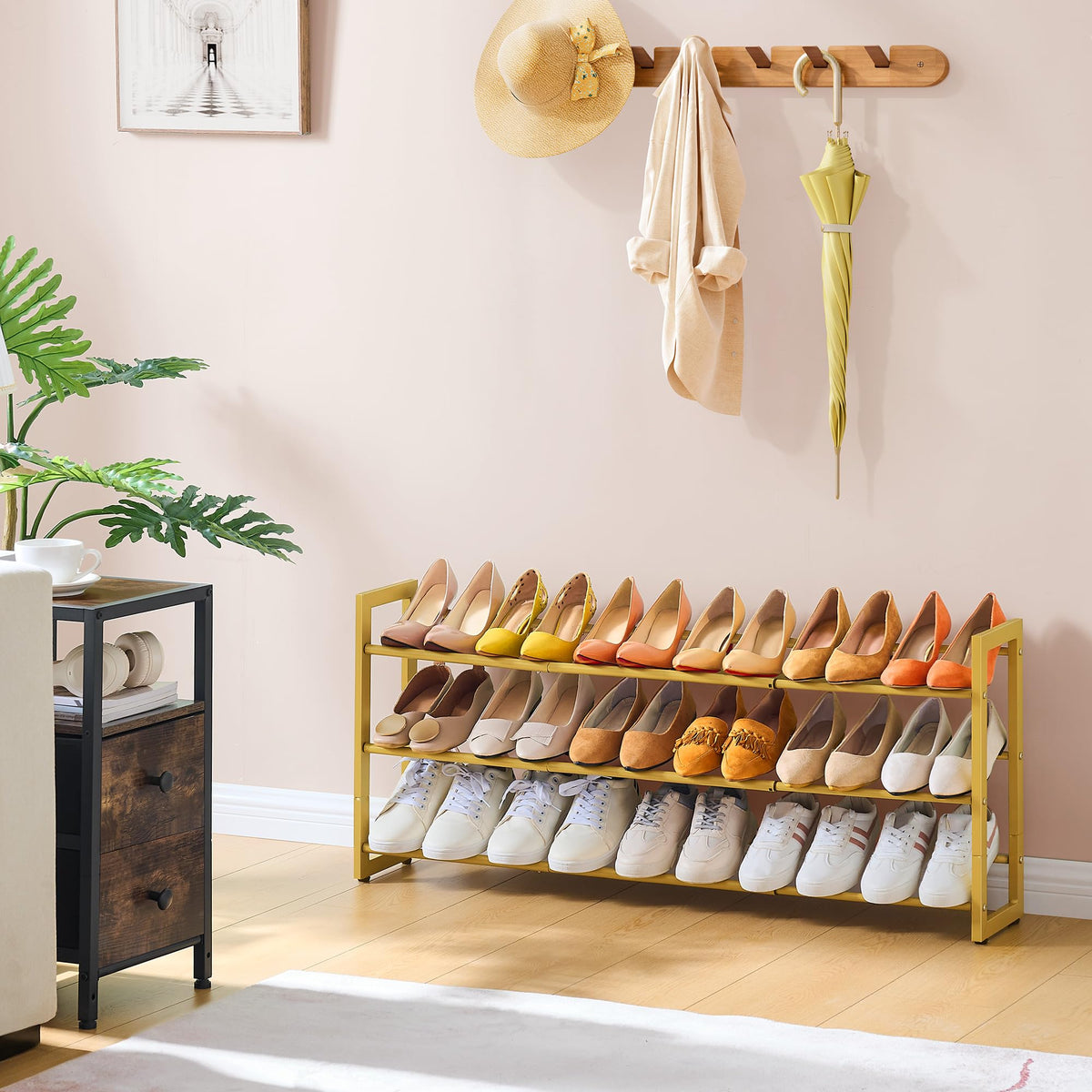 Gold 3 Tier Expandable Shoe Rack, 29.3 to 41.5 Inch Metal Shelf