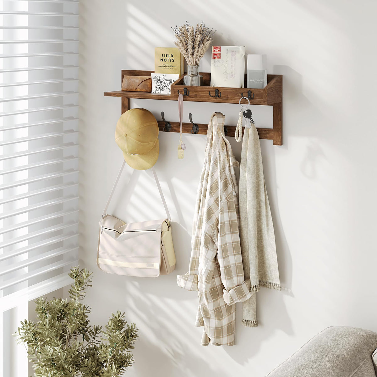 26.57 Inch Wall Shelf with 5 Double Coat Hooks and 3 Key Hooks, Brown
