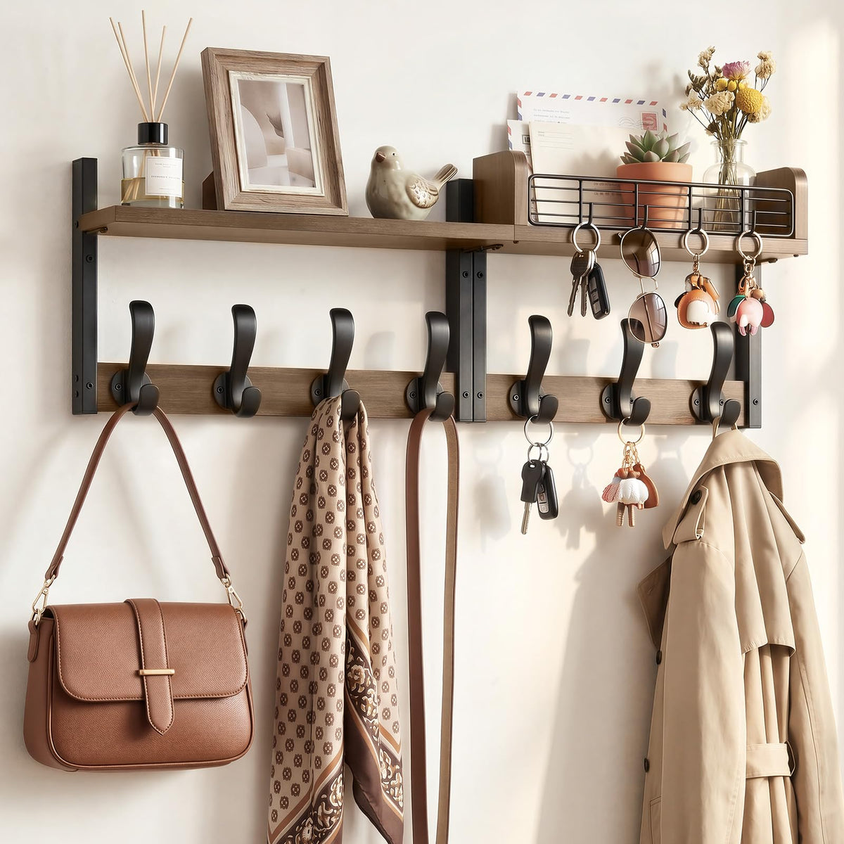 29 Inch Wall Coat Rack with Shelf and 11 Hooks, 2 Piece, Brown