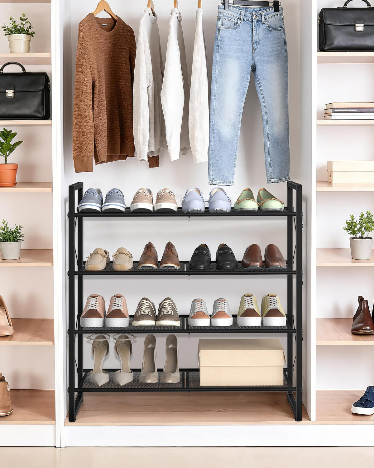 4 Tier Black Shoe Rack with Mesh Shelves and Adjustable Feet, 30 Inch