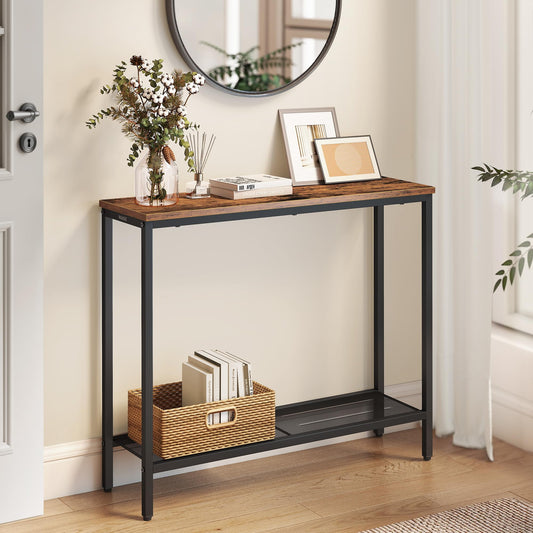 Narrow 2 Tier Console Table, 31.5 Inch, Rustic Brown and Black Steel