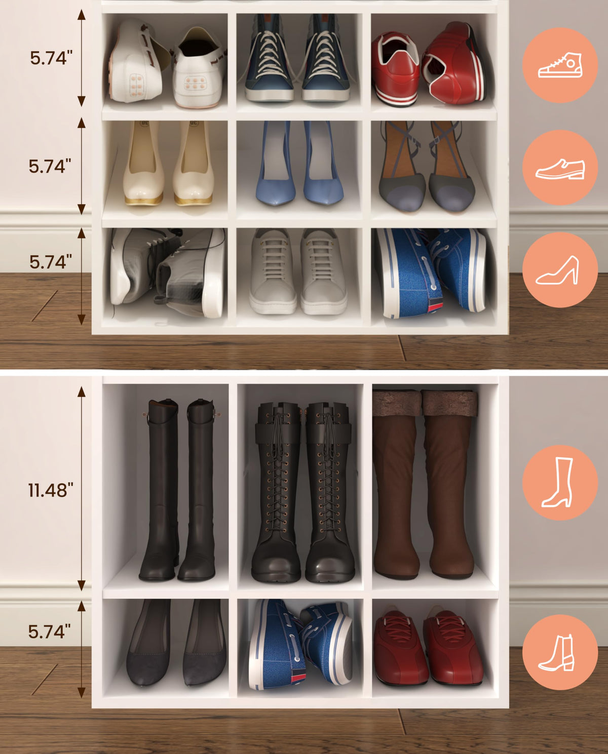 9 Cube Shoe Cubby with 2 Shelves, 23.6 Inch, White Wood