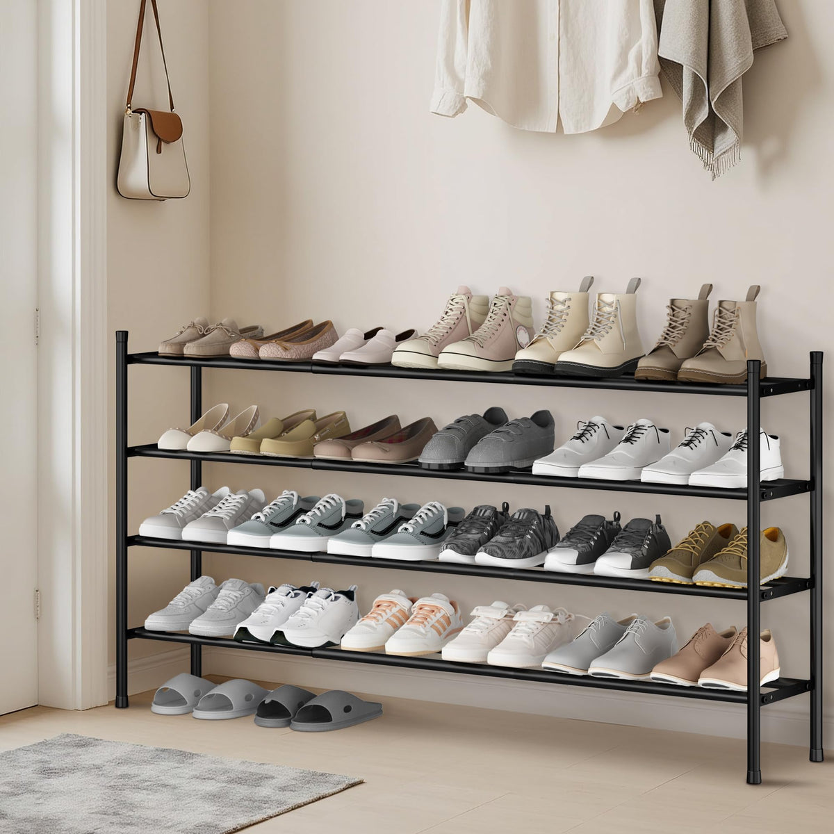 Black Metal Shoe Organizer, Extends 33 to 47 Inch, 4 Shelves for 24 Pairs