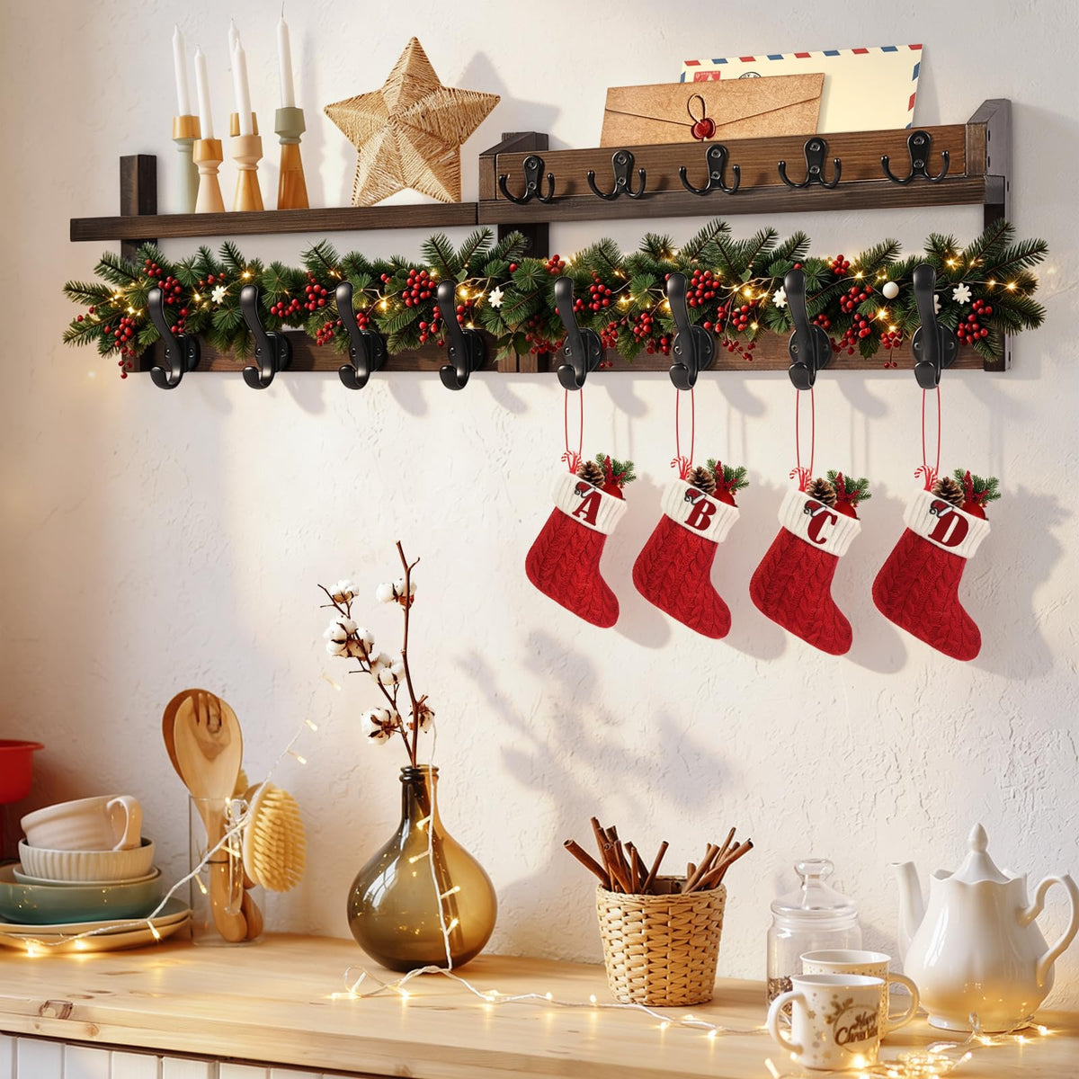 Wall Coat Rack with Shelf and Mail Holder, 33.86 Inch, 13 Hooks