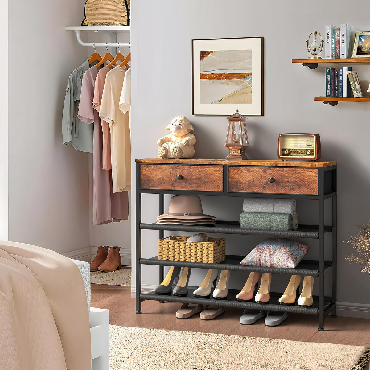 4 Tier Shoe Rack with 2 Drawers and Wood Top, 12 to 15 Pairs, Brown