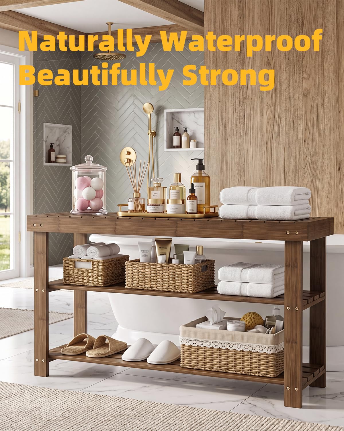 Walnut Bamboo Shoe Bench, 3 Tiers, 33.9 Inch Wide