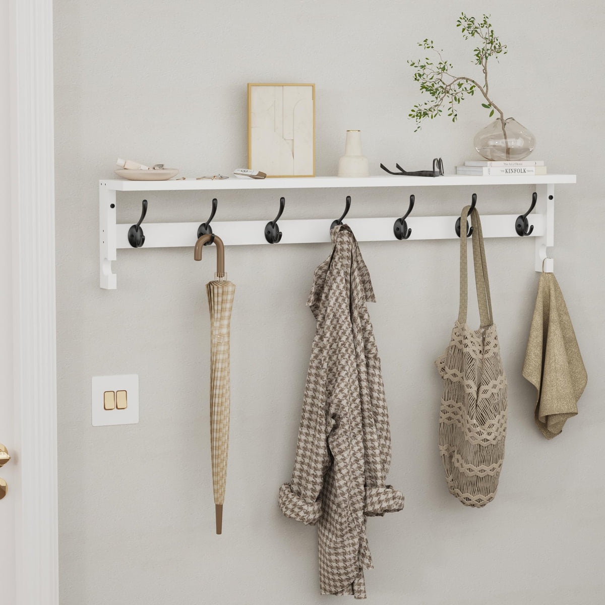 White Wall Coat Rack with Shelf, 35 Inch, 7 Dual Hooks Plus 2 Side