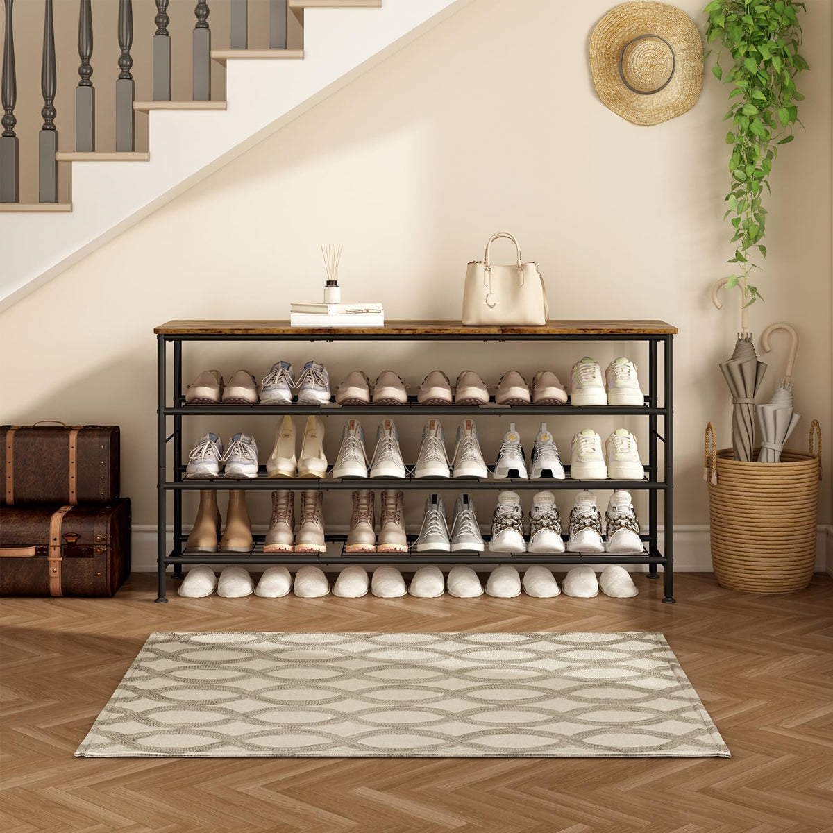 Long Low Shoe Rack, 4 Tiers, 47.2 Inch, Black and Rustic Brown