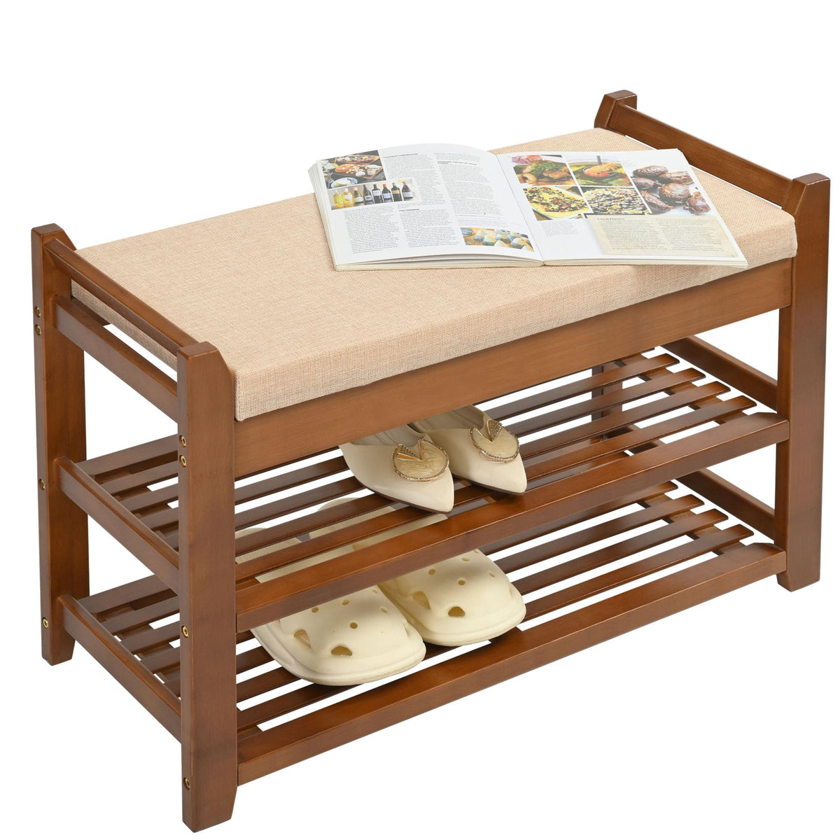 Cushioned Bamboo Shoe Bench, 28 Inch Entryway Seat with Shoe Shelf, Brown