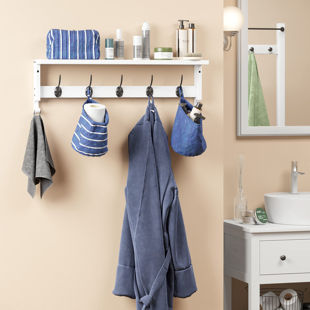 White Wall Coat Hooks with Shelf, 28.9 Inch, 5 Hooks