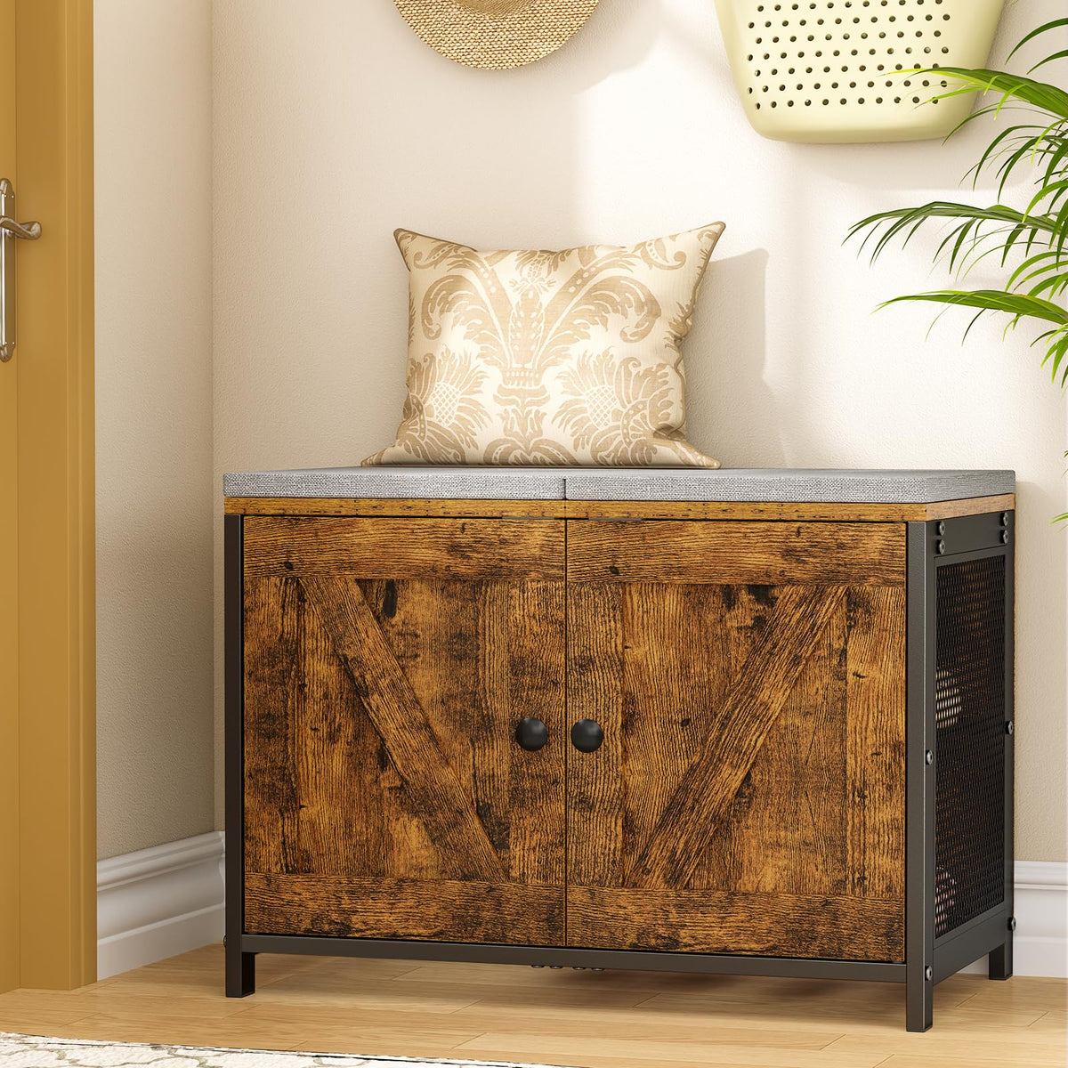 Small Shoe Storage Bench with Doors and Cushion, 23.6 Inch, Rustic Brown