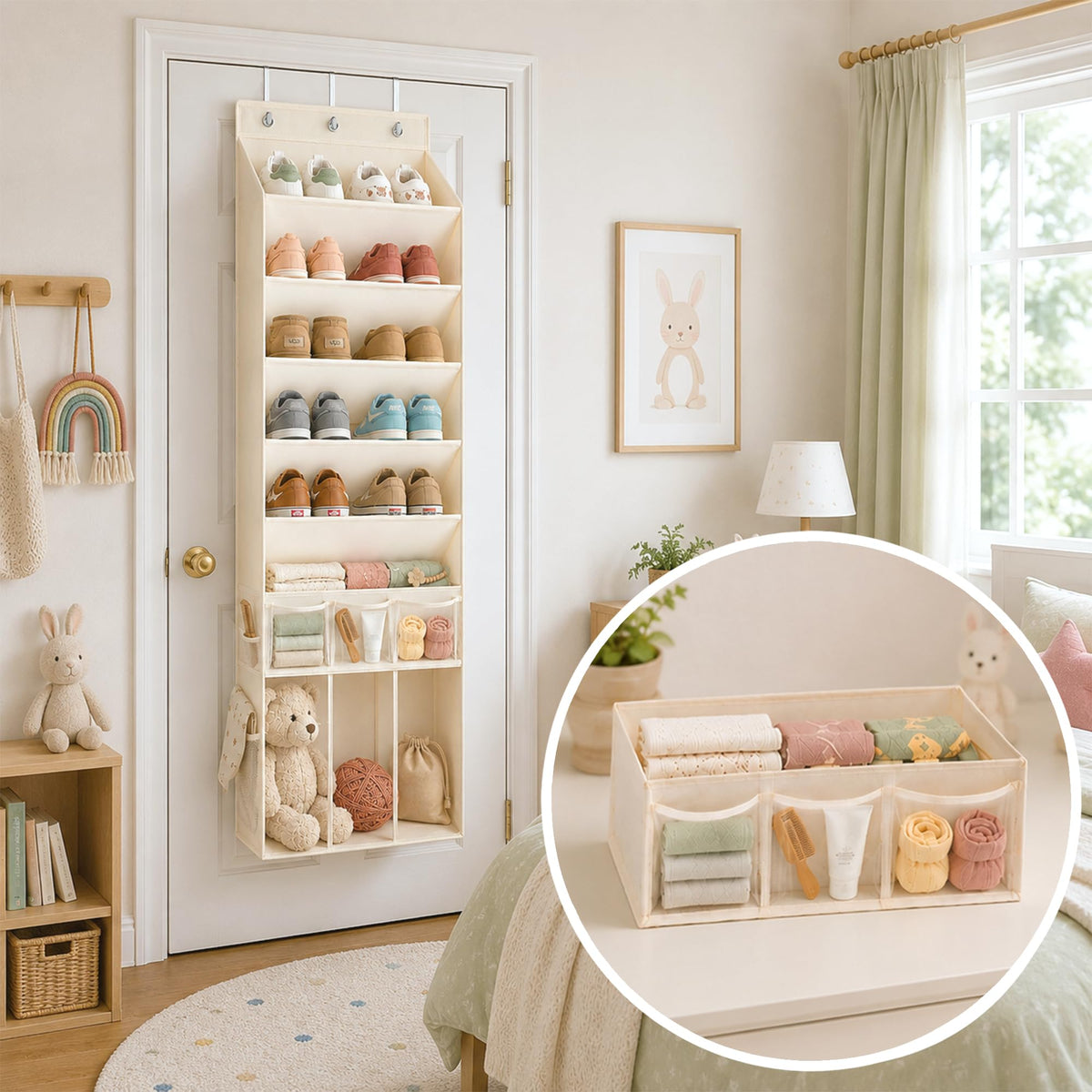 Over the Door Shoe Organizer with 5 Slanted Compartments, Beige