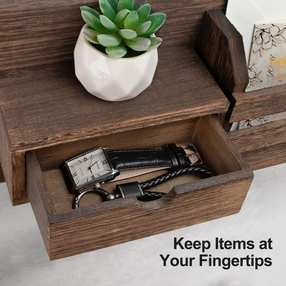 Wall Key Holder with Mail Slot and Drawer, 7 Hooks, Brown Wood