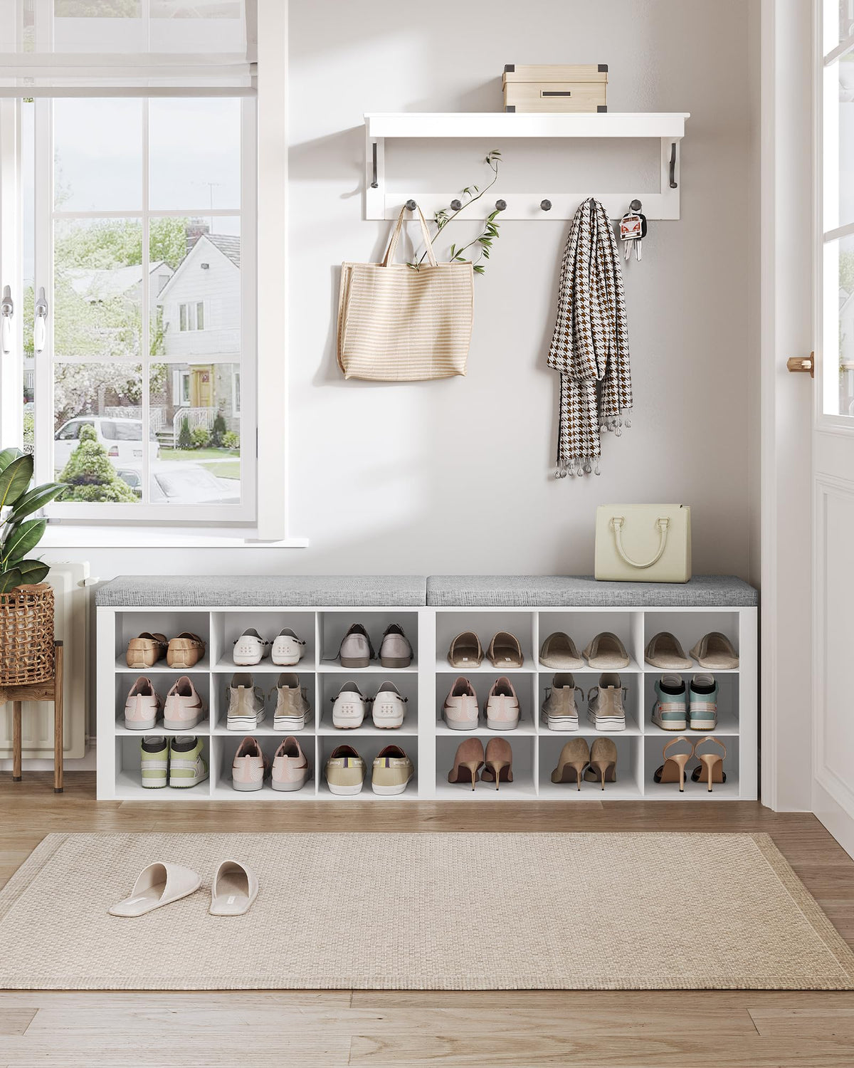 White Shoe Storage Bench with Cushion, 18 Cubbies, 59 Inch