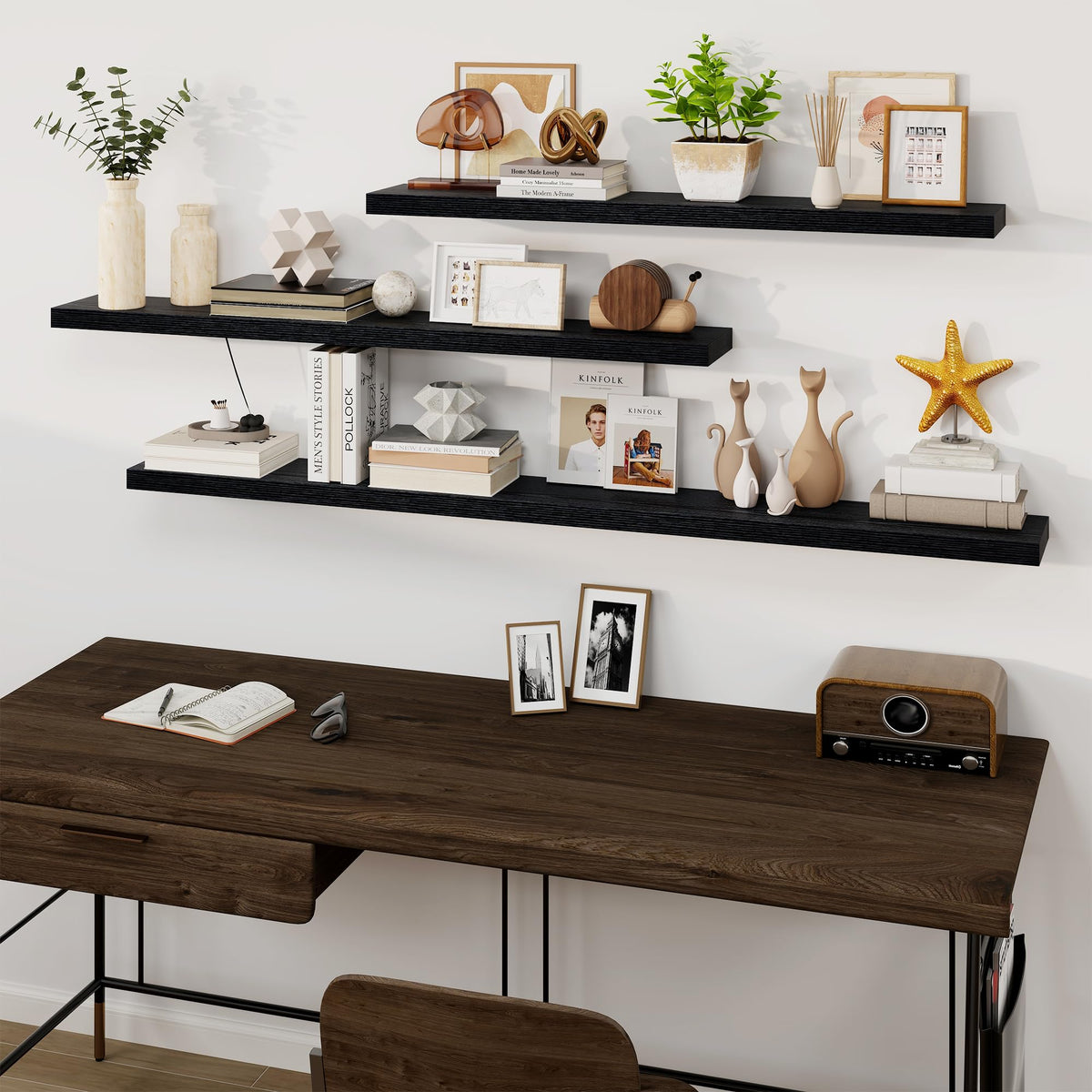 Long Black Floating Shelf, 48 Inch Single Wall Shelf, Hidden Bracket
