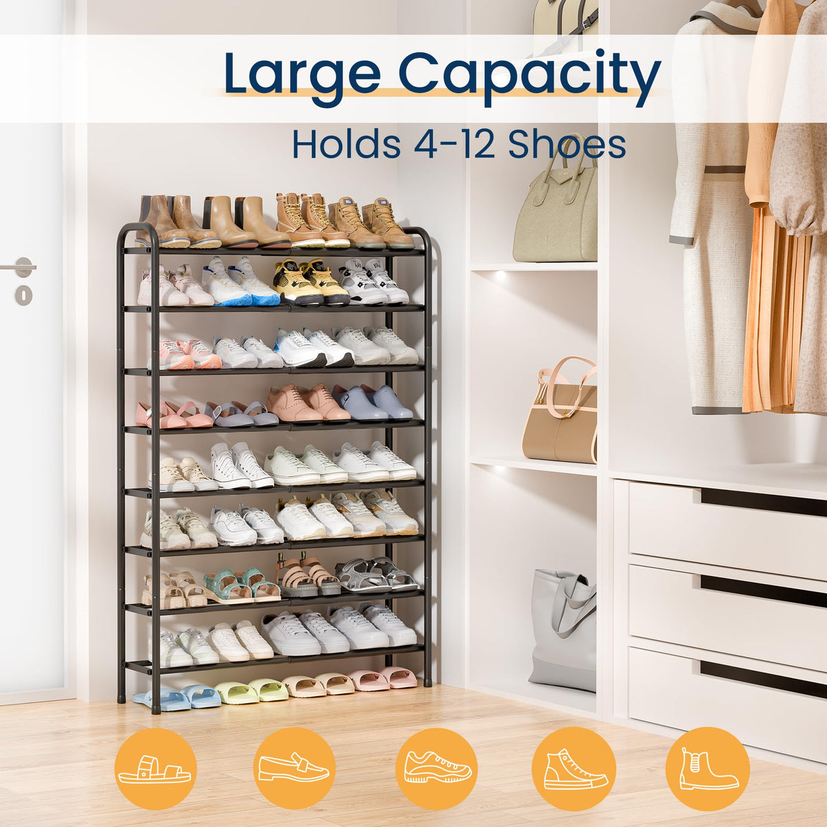 Expandable 8 Tier Metal Shoe Rack, 17.8 to 32.4 Inch Wide, Black