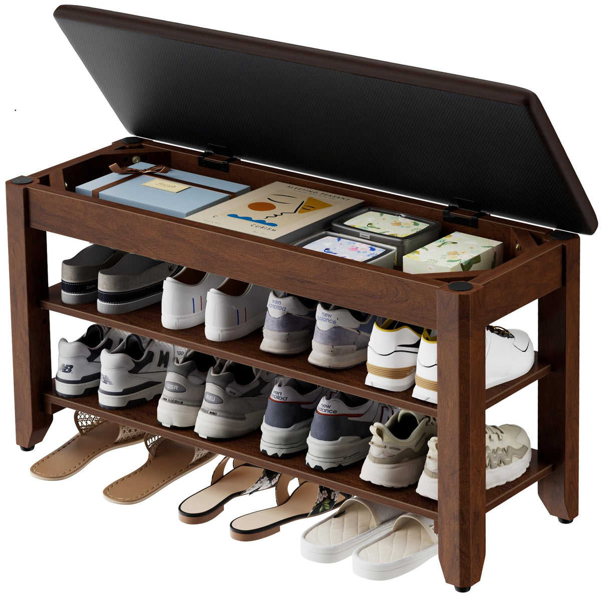 Solid Wood Shoe Bench with Flip Top Storage, Walnut, 31.5 Inch