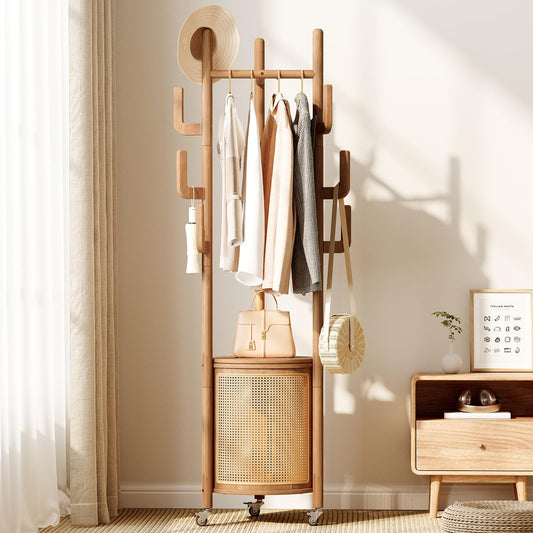 Rolling Rubberwood Coat Rack with Lidded Rattan Basket and 9 Hooks