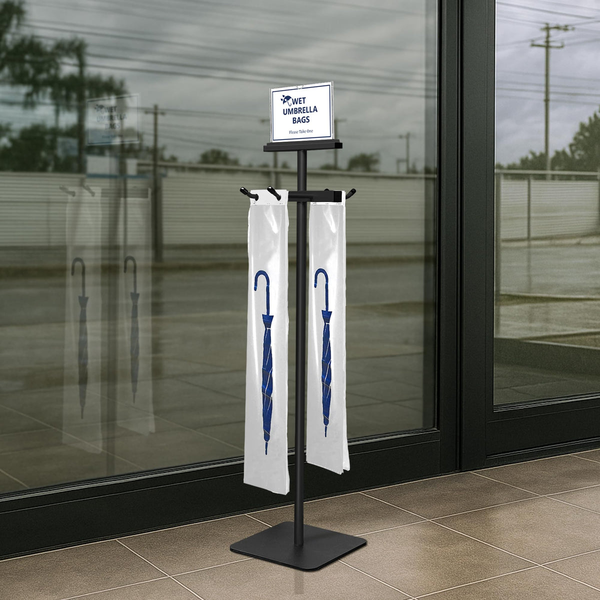 Wet Umbrella Bag Stand with 200 Plastic Bags, 48 Inch, Black