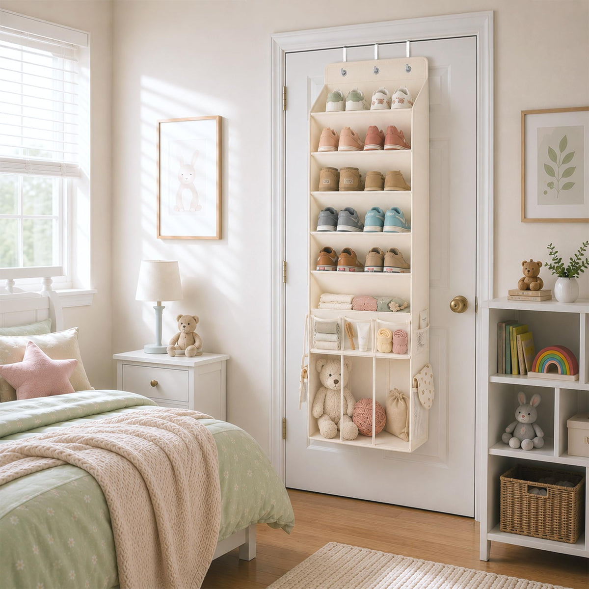 Over the Door Shoe Organizer with 5 Slanted Compartments, Beige
