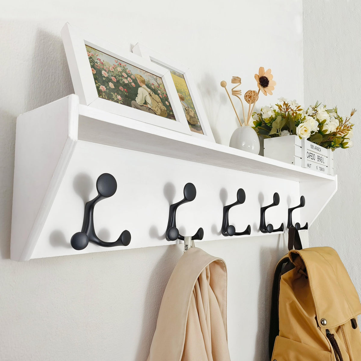White Wall Mounted Coat Rack with Shelf, 5 Triple Hooks, 35 Inch